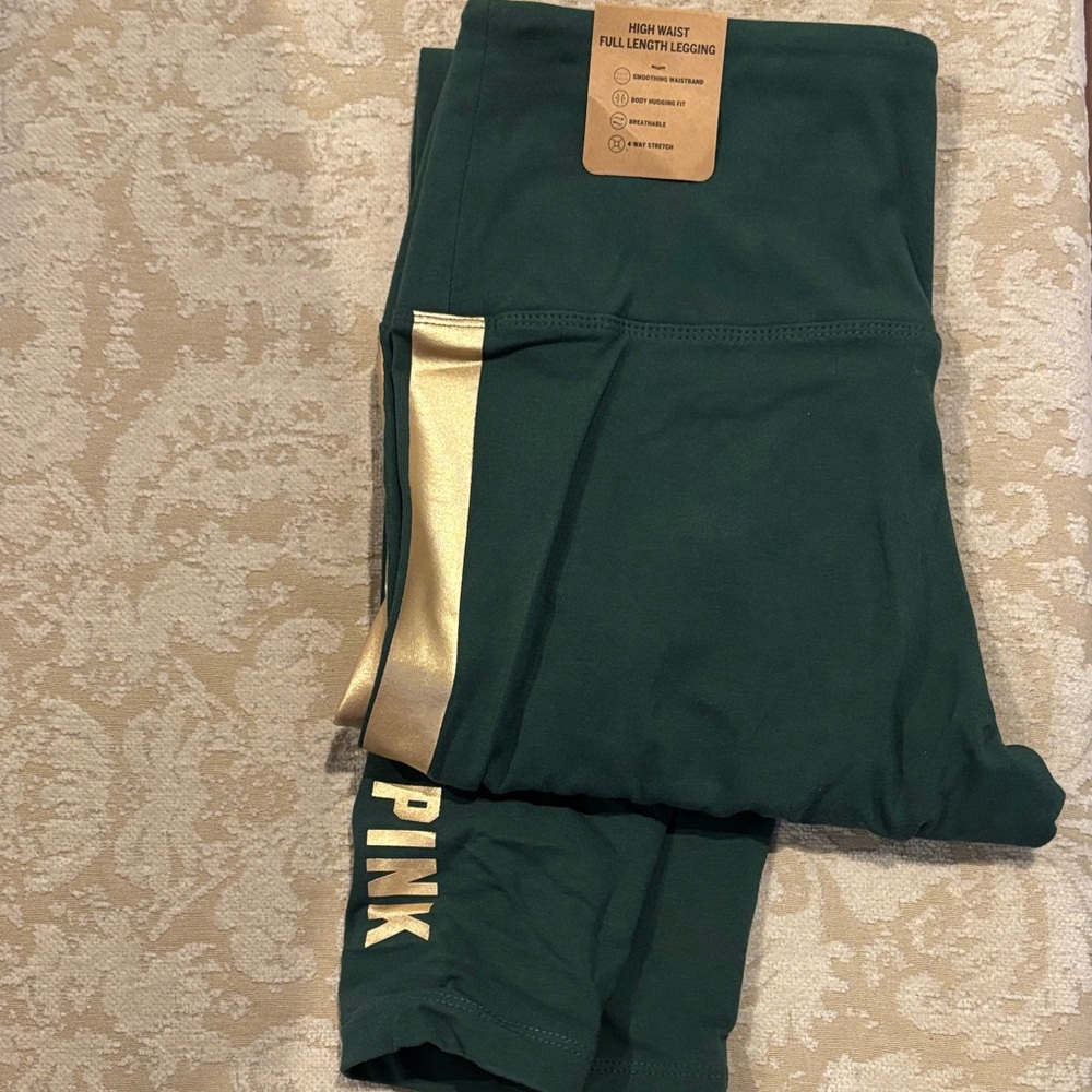 PINK Victoria's Secret Forest Green and Gold Leggings